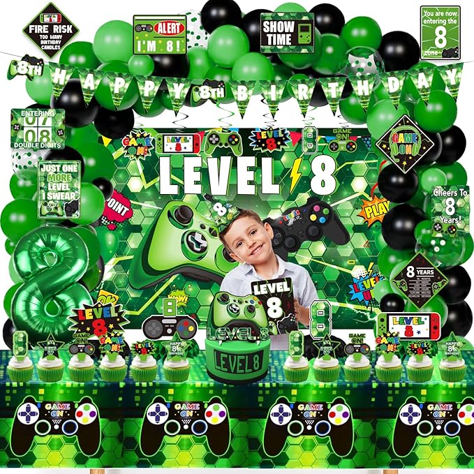8th Birthday Decorations for Boys, 148Pcs Green Video Game level 8 Party Supplies for Boy 8th Birthday - Backdrop, Banner, Balloons, Tablecloth, Centerpieces, Hanging Swirl, Hat, Wall Signs
