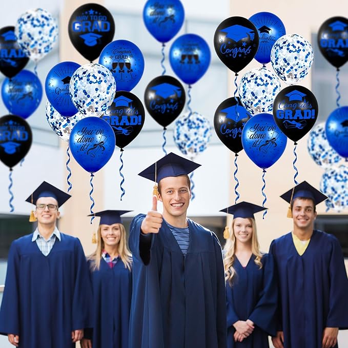Whaline 60Pcs Graduation Party Balloon Set 7 Designs Confetti Latex Balloon with 2 Rolls Ribbon Grad Cap Congrats Grad Balloon for Graduation Party Decoration Supplies (Blue, Black)
