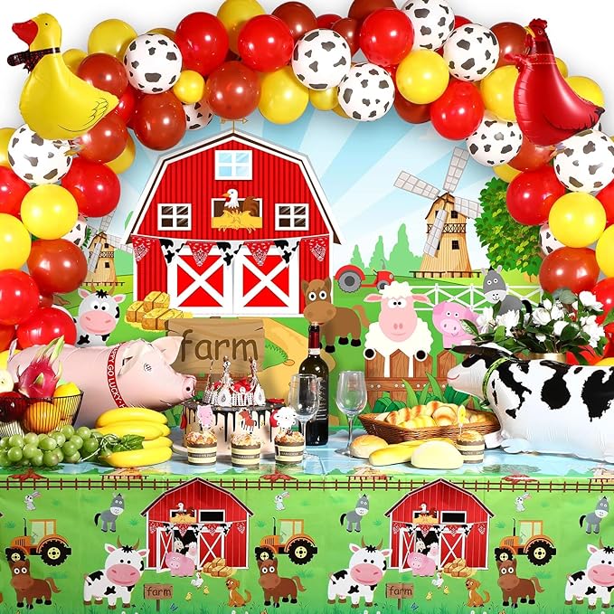 Farm Animals Theme Party Decorations Farm Barn Backdrop Banner Farmhouse Animals Decor Tablecloth Balloon Arch Garland Kit for Birthday Photography Baby Shower Party Supplies(Red)