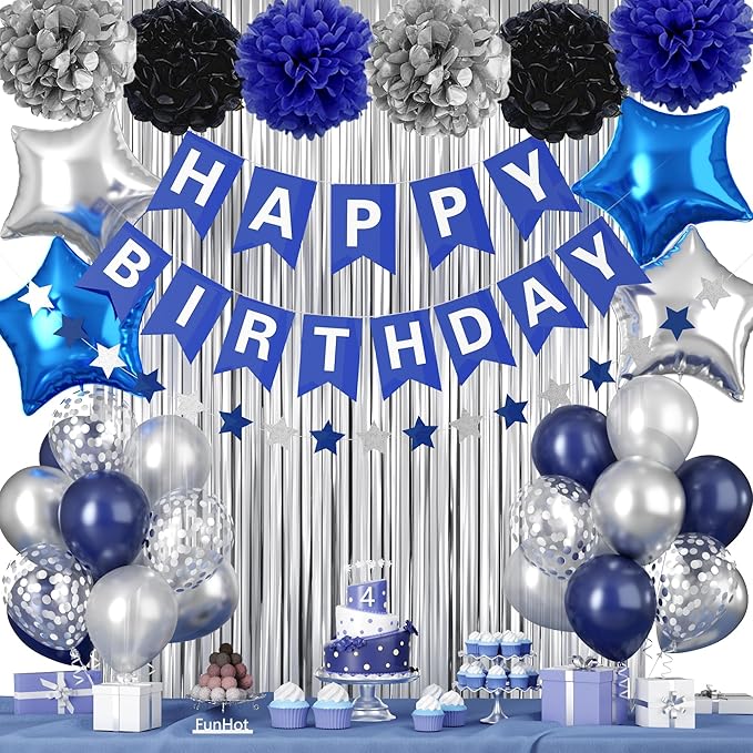 Navy Blue Silver Birthday Decorations for Men - Confetti Balloons, Happy Birthday Banner, Silver Fringe Curtain, Tissue Paper Pompoms, Star Garland
