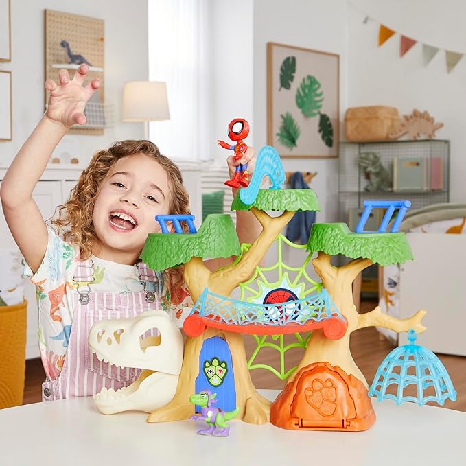 Marvel Spidey and His Amazing Friends Dino-Webs Treehouse Playset, Spider-Man & Goblin Raptor 4-Inch-Scale Action Figure Set, Ages 3 & Up