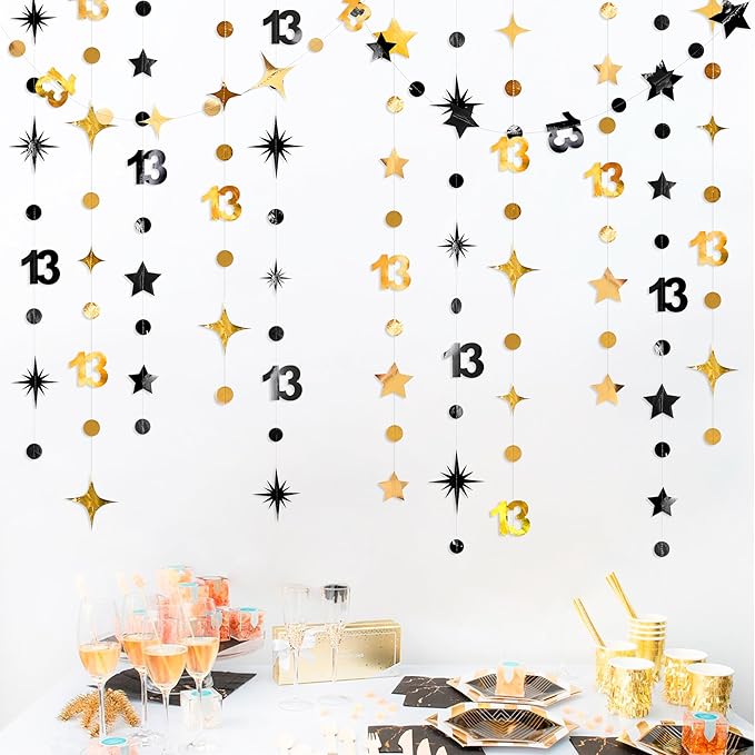 Black Gold 13th Birthday Decorations Number 13 Circle Dot Twinkle Star Garland Metallic Hanging Streamer Banner Backdrop Girls Boys 13 Years Old Birthday Thirteen Official Teenager Party Supplies