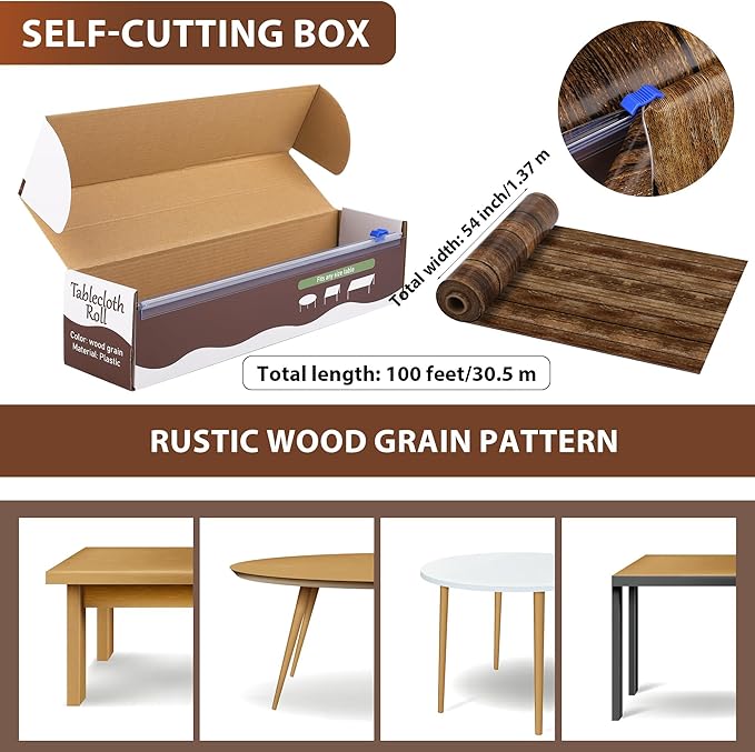 Kochorie 100 Ft x 54 Inch Wood Grain Tablecloth Roll in Slide Cutter Box Disposable Rustic Backdrop Vintage Table Cover Western Themed Bulletin Board Plastic Roll for Barn Birthday Classroom Decor