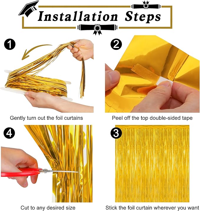 12 Pack 2026 Graduation Decorations, 3.28 FT x 7.05 FT Gold Backdrop Curtains, Metallic Class of 2026 Backdrop Fringe Curtains Foil Streamer, Gold Grad Decorations 2026 Party Supplies