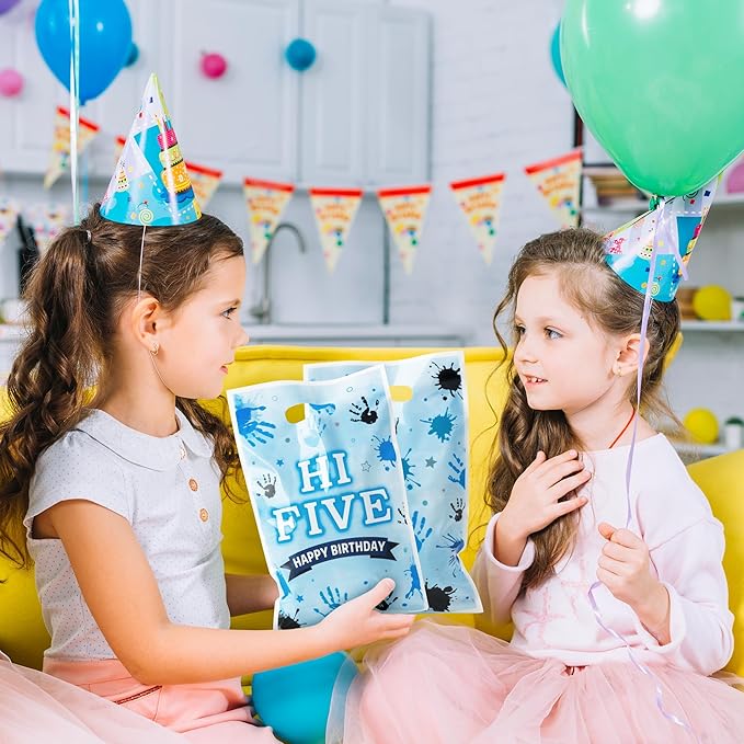 Hi Five Party Favor Bags - 50Pcs Blue High 5 Year Old Goody Candy Treat Gifts Bags 5th Birthday Painting Decorations for Boys Girls Kids Five Years Old Birthday Baby Shower Supplies