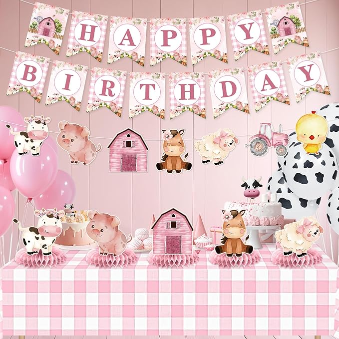 Pink Farm Animals Birthday Party Decorations for Girls Barnyard Baby Shower Supplies Set Includes Happy Birthday Banner Garland Tablecloth Honeycomb Centerpieces Watercolor Cow Pig Sheep Decor