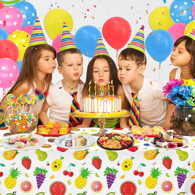 4 Pack Fruit Tablecloth Tutti Fruit Party Decorations Lemon Watermelon Strawberry Disposable Table Cloth Summer Theme Birthday Table Covers for Hawaiian Baby Shower Dancing Luau Supplies 51X86IN