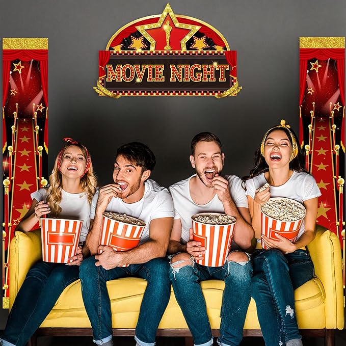 Namalu 3 Pcs Movie Night Door Decorations Red Carpet Runner Porch Sign Movie Star Party Decorations for Home Film Photo Props Theater Birthday Theme Backdrop Party Supplies