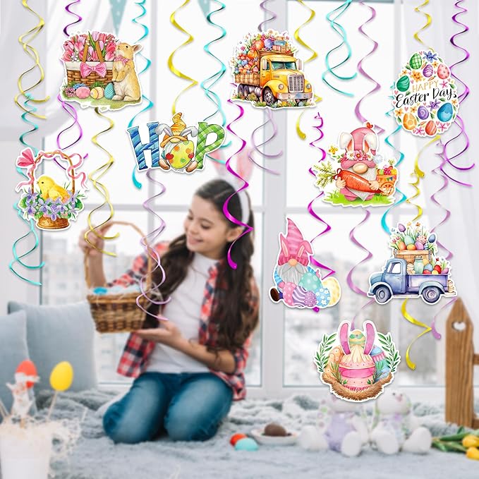 Hanging Easter Decorations Swirls 24pcs, Easter Egg Bunny Ceiling Hanging Party Streamers, Foil Easter Party Decor Supplies for Home Office School, Dangling Spinners Easter Party Ceiling Decor