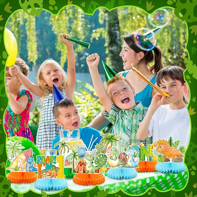 12 Pcs One a Saurus Birthday Decorations Dinosaur Honeycomb Centerpieces Dinosaur 1st Table Decoration Green Blue Dino Table Topper for Jungle Safari Birthday Party Favors Supplies