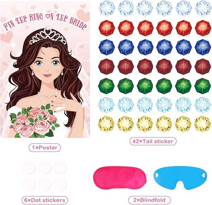 Hxezoc Pin The Ring on The Bride Game - 42 Pcs Rings, Large Bridal Games Poster for Shower, Wedding, Birthday, Carnival Party Supplies