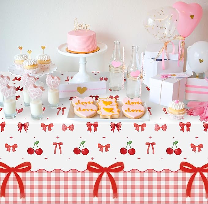 3Pcs Bow Party Tablecloths - Red Cherry Party Table Covers Decorations Bow Themed Rectangular Plastic Disposable Table Cloth Decor for Girls Women Kids Birthday Baby Shower Supplies