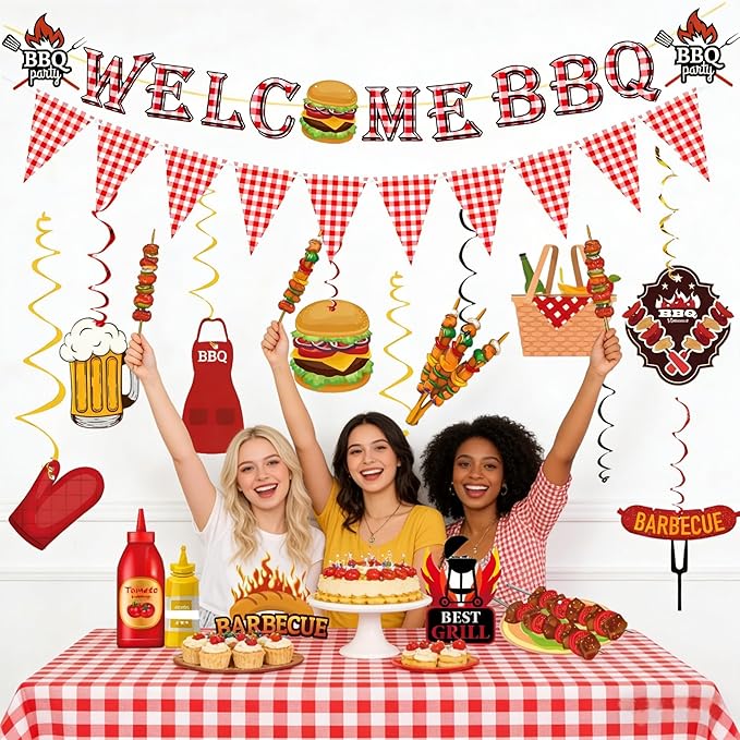 BBQ Themed Party Decorations,Welcome BBQ Banner, Barbecue Picnic Hanging Swirls for Birthday Party Decor Supplies