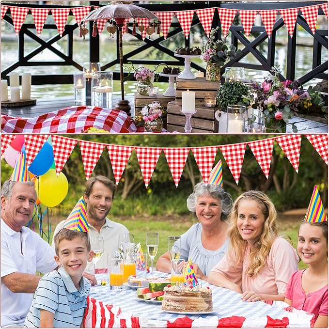 Boao 10 Strips Red and White Checkered Banner 98 ft Gingham Pennant Banner Flag Paper Pennant for BBQ Picnic Carnival Theme Birthday Wedding Pizza Festivals Party Decorations Outdoor Home Decor