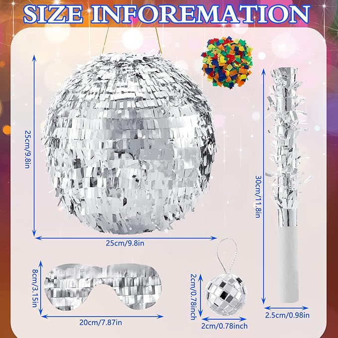 Lewtemi 11.8 Inch Silver Disco Ball Piñata with 1 Piñata Bat 1 Blindfold 1 Bag of Confetti and 20 Small Mirror Balls for Disco Themed Birthday Wedding Party Supplies