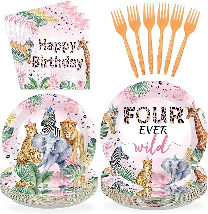 96Pcs Four Ever Wild Birthday Decorations Safari Animal Theme 4th Plates and Napkins Safari Animal Jungle Disposable Paper Tableware Set for Girls 4 Year Old Birthday Party Supplies Serves 24