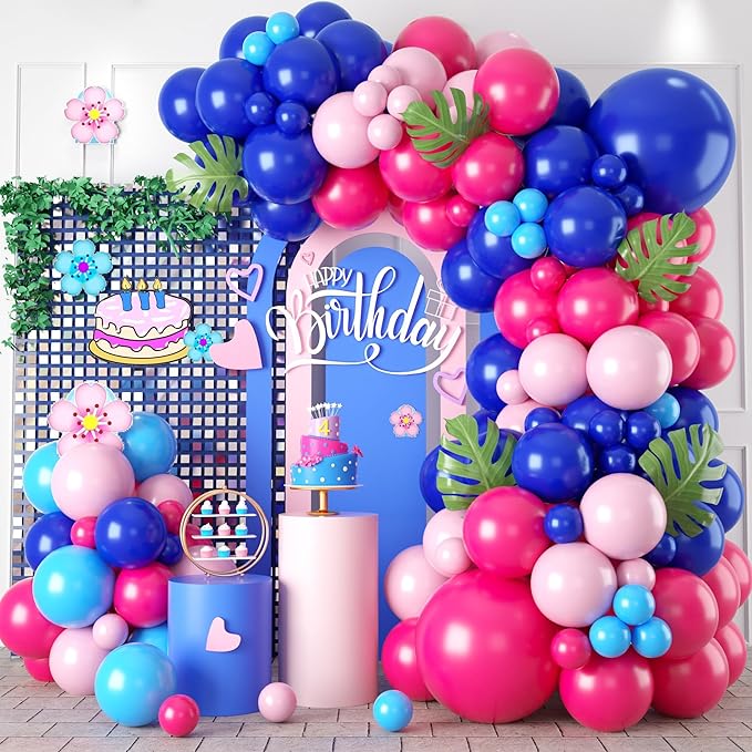 Blue Balloon Arch Kit,Royal Light Blue Hot Pink Balloons with Palm Leaves for Girl Boy Themed Birthday Party Decorations Baby Shower Graduation Summer Pool Hawaii Tropical Party Supplies