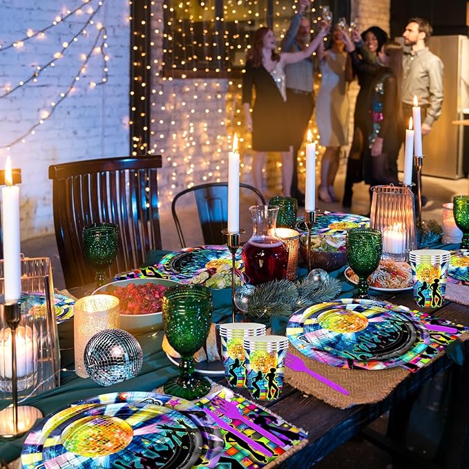 Avezano 192 Pcs Disco Party Plates and Napkins Supplies 70's Party Decorations Let's Boogie Theme Party Tableware Kit for Birthday Baby Shower Favors, Serves 24