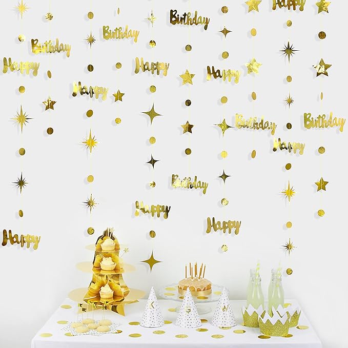 Gold Happy Birthday Decorations Happy Birthday Circle Dot Twinkle Star Garland Metallic Hanging Streamer Bunting Banner Backdrop for 1st 13th 16th 21st 30th 40th 50th 60th Birday Party Supplies
