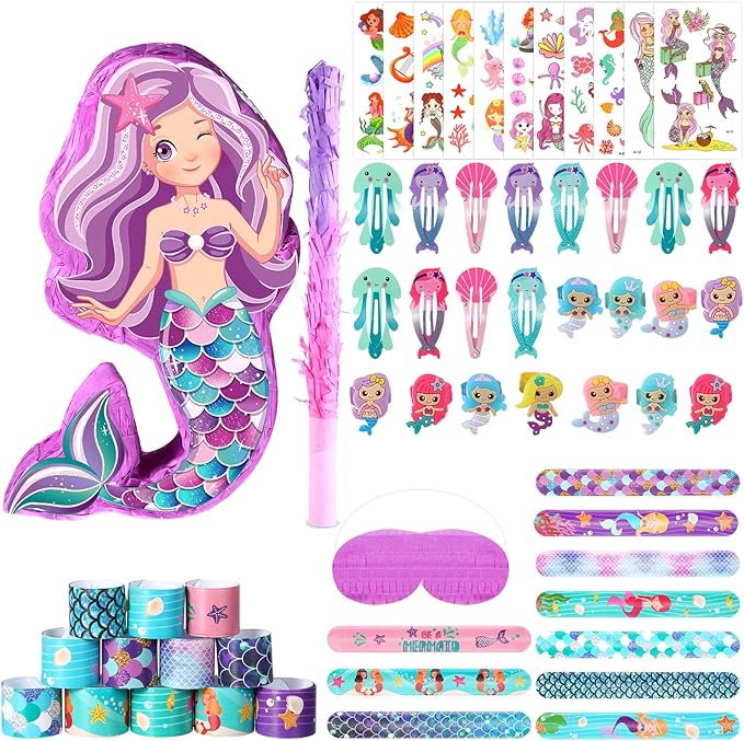 Hungdao 51 Pcs Mermaid Party Favors Mermaid Piñata Hairpin Slap Bracelets Ring Tattoo Sticker Under the Sea Birthday Party Supplies Classroom Prize Gift Goodie Bag Piñata Stuffers Fillers