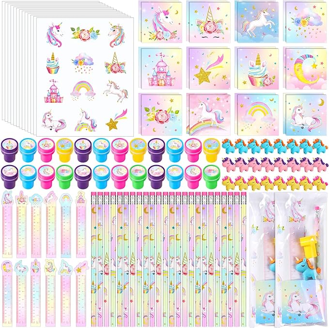 PerKoop 168 Pcs Unicorn Valentine's Day Favors Unicorn Goodie Favor Bags with Mini Notebook Pencil Sticker Stamp Pastel Rainbow Birthday Decor Prizes Gifts Goody Favors Bag Piñata Fillers Supplies
