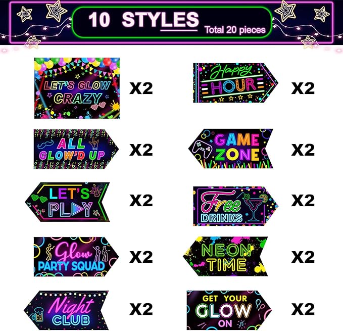 Gueevin 20 Pcs Party Supplies Decorations Home Sign Cutouts for Party Decorations Supplies(Glow in The Dark)