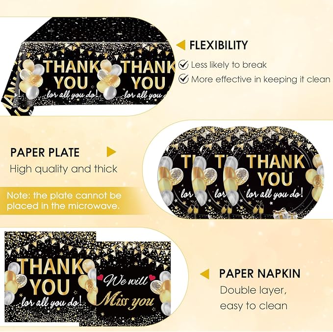 41Pcs Black Gold Thank You Decorations Thank You for All You Do Tableware Disposable Paper Plates Napkins Tablecloth丨Teacher Employee Staff Doctors Nurse Pastor Appreciation Week Party Decor