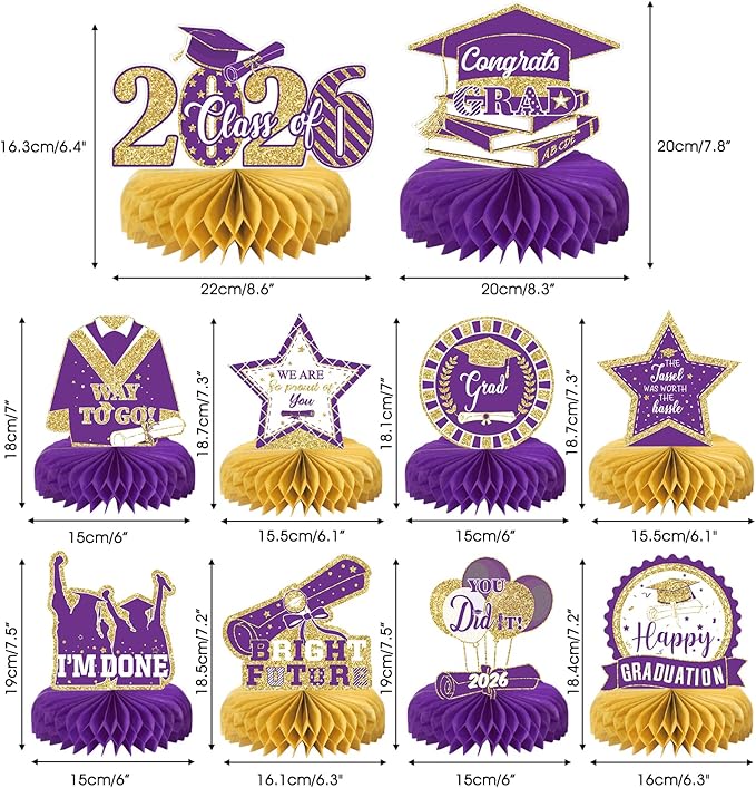 10PCS Graduation Party Decorations Class of 2026 Congrats Grad Table Centerpieces Congratulate Graduation Honeycomb Table Toppers for Graduation Party Supplies(Pueple Gold)
