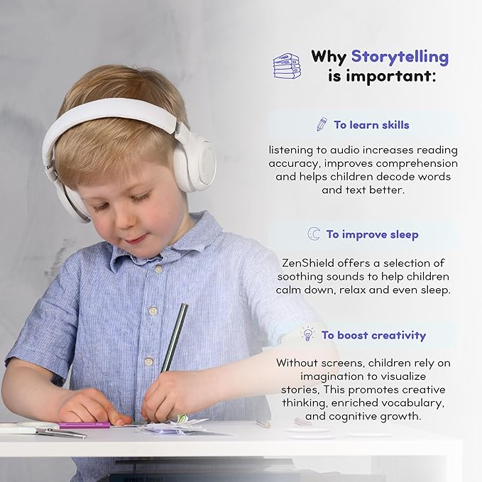Storytelling Foldable Bluetooth Kids Headphones-Intro Bundle with ZenDisk and PlayShield, Perfect for Travel, Learning, Screen-Free Entertainment, Stories and Music by Onanoff (Grey)