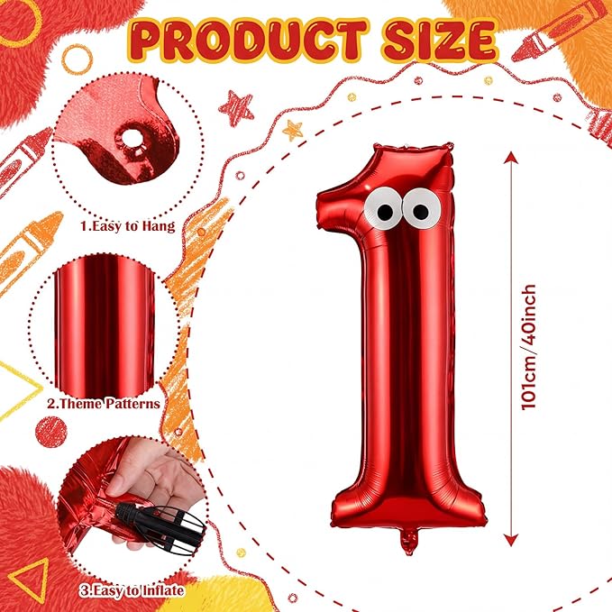 Red Monster Number 1 Balloons 40 Inch Red Monster Theme Birthday Party Decorations Large Foil Balloons for Cartoon Birthday Party Backdrop Celebration Supplies