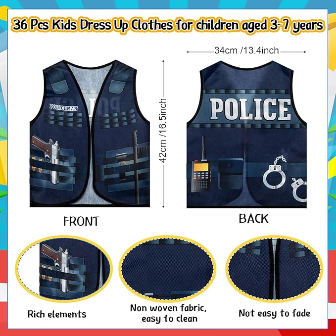 Cozypower 36 Pcs Kids Community Helper Dress Up Vest Career Costumes Toddler Girls Boys Career Day Costumes Cosplay for Pretend Play Doctor Police Fireman Car Racer Cowboy Farmers Worker