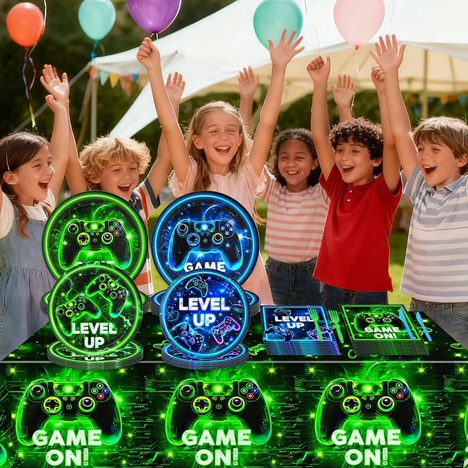 Video Game Birthday Decorations - Neon Level Up Game Tableware Includes Plates, Napkins, Cups, Forks, Tablecloths for Boy Gamer Birthday Party, Serves 24