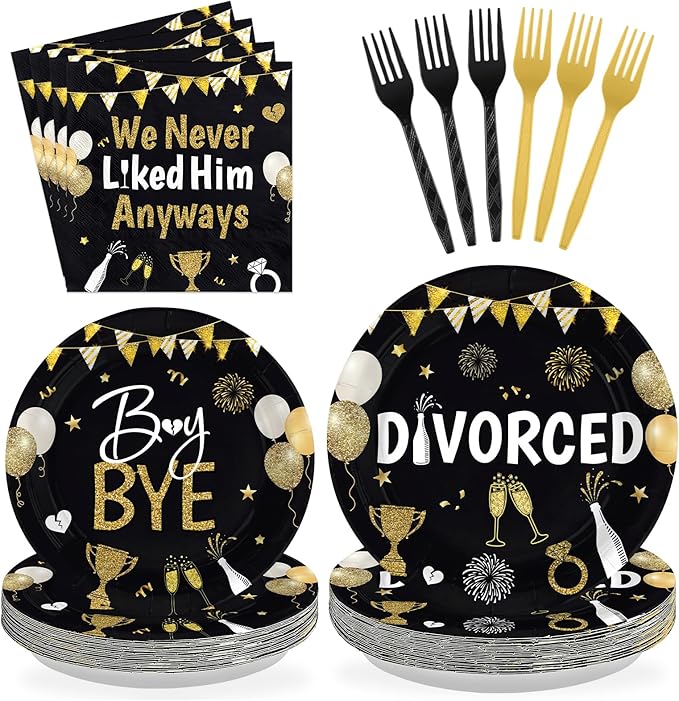 96Pcs Divorced Party Decorations We Never Liked Him Anyway Plates and Napkins Black Gold Divorced Disposable Paper Tableware Set for Women Men Break Up Divorce Party Supplies Serves 24