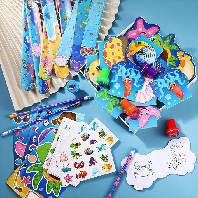 BenLouis 240Pcs Under the Sea Party Favors Ocean Animals Party Stampers Stickers School Stationery Bulk for Kids Sea Shark Birthday Mermaid Party Goodie Bag Stuffer Classroom Gifts Rewards Supplies