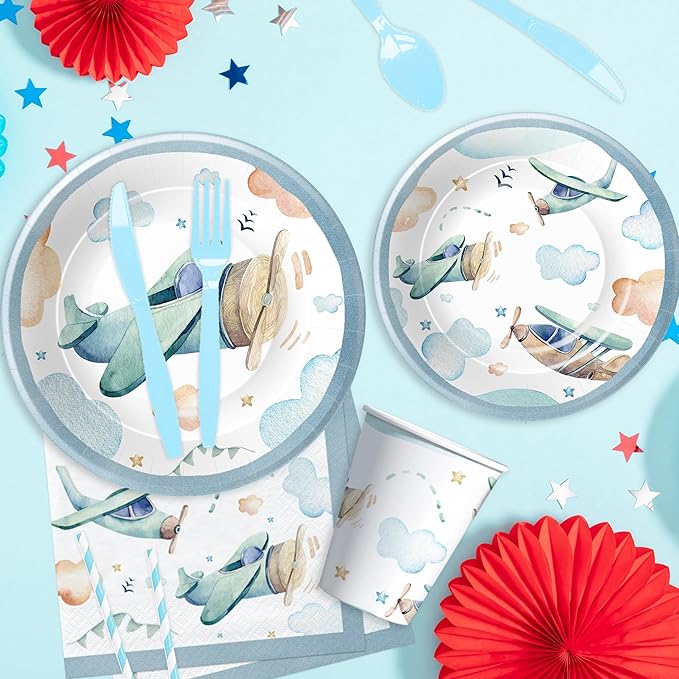 Airplane Birthday Party Supplies - Airplane Decorations Tableware, Paper Plate, Cup, Napkin, Fork, Baby Shower Dinnerware | Serve 24