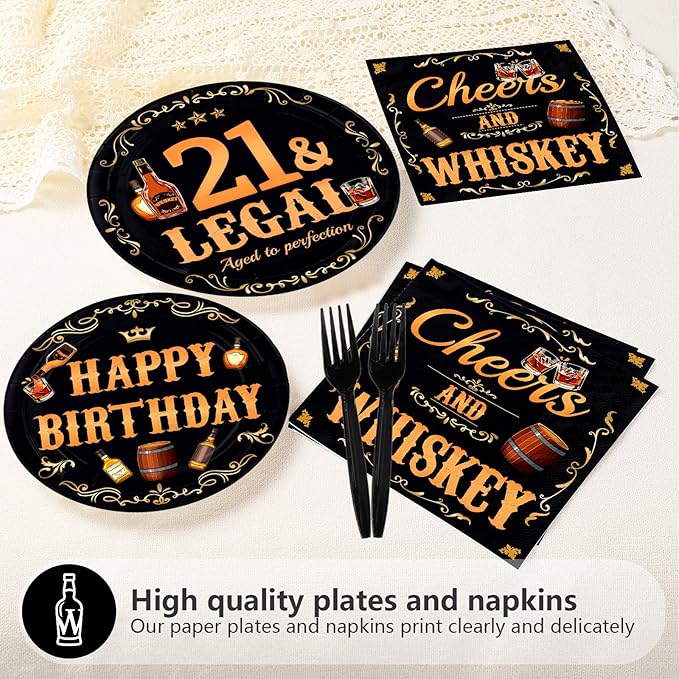 96Pcs 21 & Legal 21st Birthday Decorations Legal Whiskey Themed Birthday Party Plates Whiskey Aged To Perfection Tableware Set for Boys Men 21 Years Old Party Favors Serves 24