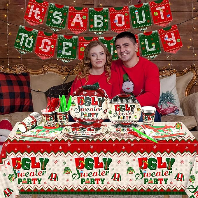 Ugly Sweater Party Decorations-142Pcs Christmas Plates Set for 20 Guests, It's About to Get Ugly Christmas Tableware Supplies