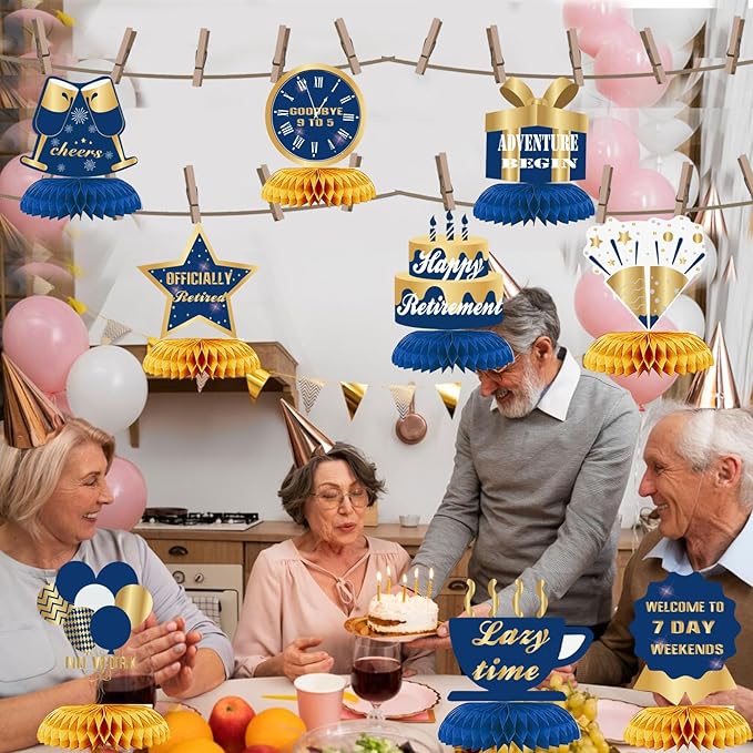 9Pcs Happy Retirement Decorations Table Honeycomb Centerpieces Party Supplies Blue Gold Retirement Adventure Awaits Sign for Men Retired Decor Goodbye Retirement Signs