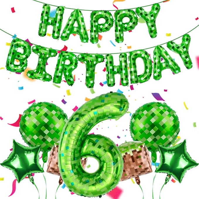 Green Pixel Themed Happy Birthday Banner Party Decorations Set Including 40 Inch Number 6 Foil Balloons, Themed Party Essentials, TNT Pixel Backdrop Supplies for Boys Indoor Outdoor Celebration