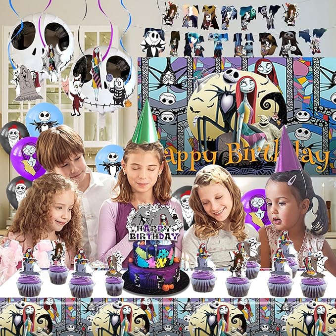 Birthday Party Decorations, Magical Wizard Pirate Halloween Horror Night Themed Party Supplies - Happy Birthday Banner, Balloons, Backdrop, Tablecloth, Cake Inserts Set-Black