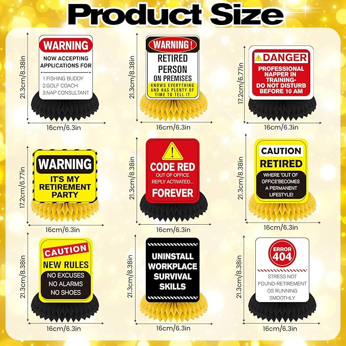 Funny Retirement Party Decorations 9Pcs Retirement Honeycomb Centerpieces for Women & Men Happy Retirement Table Centerpieces Caution Logos Sign for Office Coworker Farewell Going Away Party