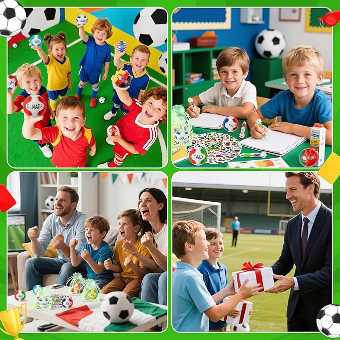 CY2SIDE 12 Pack Soccer Squeeze Toy Party Favor Gift Set with Ballpoint Pen Sticker and Organza Bag 2.5’’ Multi-Soccer Foam Stress Ball Classroom Prize for Kid Sport Lover Birthday Goodies Bag Stuffer