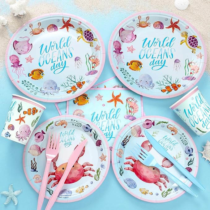 144Pcs Under the Sea Animal Birthday Party Supplies Decorations Paper Plates Napkins Vintage Party Tableware Disposable Pink Ocean Dinnerware Set for Kids Birthday Baby Shower Table Decor, Serve 24