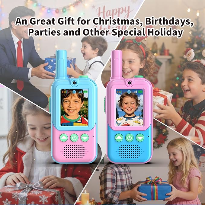 Video Walkie Talkies for Kids 2 Pack, 500ft Range Rechargeable Kids Walkie Talkies with HD Camera & 4 Voice Changer, 2 Way Radio Toys for 3-12 Year Old Girls Boys for Camping Outdoor Adventure
