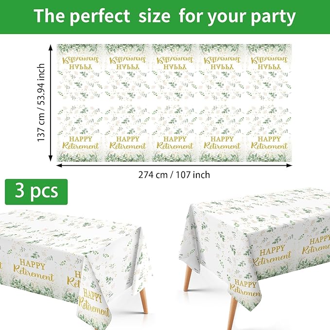 3Pcs Sage Green Retirement Party Decorations Greenery Happy Retirement Tablecloth Plastic Rectangle Gold Green Retired Table Cloth for Women Men Teachers Goodbye Going Away Party Supplies 54" x 107"