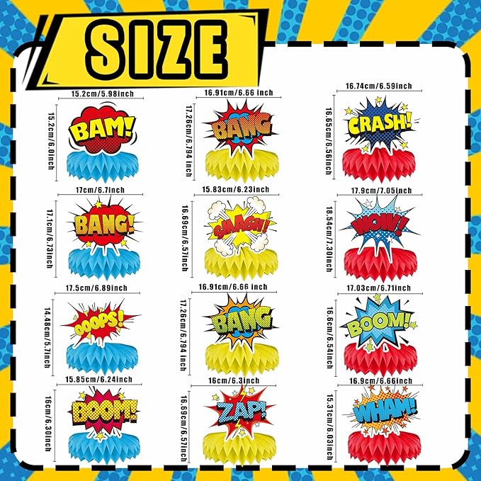 12 Pcs Hero Table Honeycomb Centerpieces, Hero Theme Happy Birthday Party Decorations for Women Men, Fun Action Standing Card Party Decor Party Supplies
