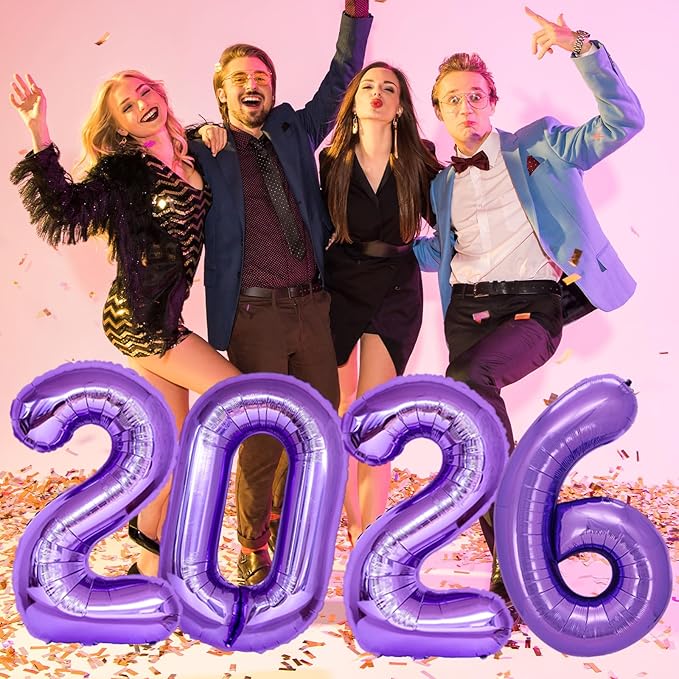 KALOR 42 Inch 2026 Purple Foil Mylar Number Balloons, 2026 New Years Decorations for 2026 Happy New Year Eve and Graduations Party Supplies