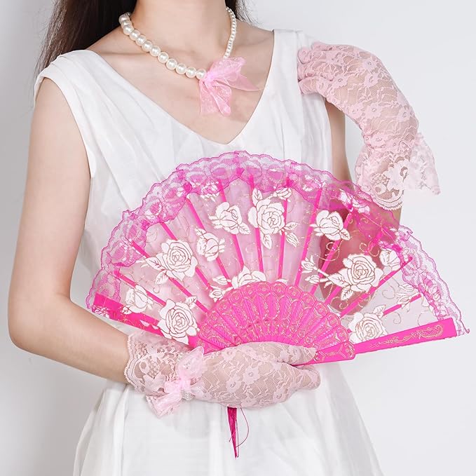obmwang 5 Pieces Girls Tea Party Supplies Tea Party Gloves Hats Girls Kids Tea Party Necklace Fan for Girls Tea Party Costume
