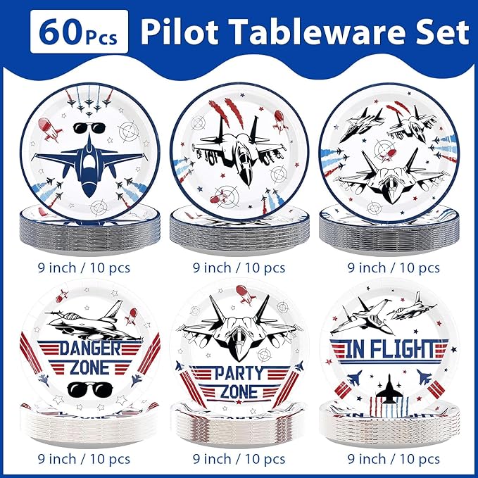Grencian 60Pcs Fighter Jet Pilot Paper Plates 9" Disposable Heavy Duty Military Jet Dessert Paper Plates Top Air Force Gun Tableware Set for Kids Airplane Aviation Aircraft Party Decorations