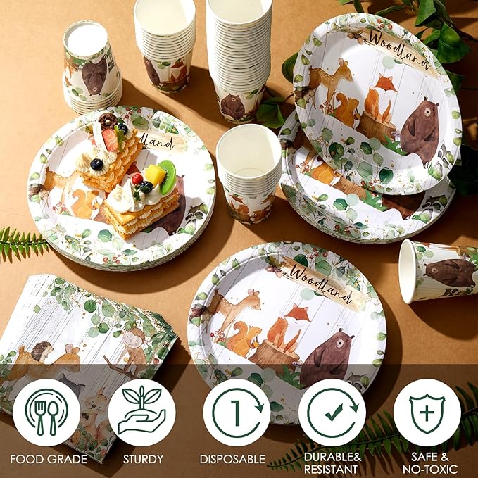 Hushee 200 Pcs Woodland Baby Shower Paper Plates Cups Napkins Woodland Animals Themed Gender Reveal Party Supplies Tableware Set Disposable Cup Napkin for 50 Guest Party Decoration